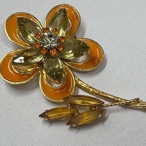 Vintage Flower Brooch - Gold with Earthy Rhinestones and Orange Accents